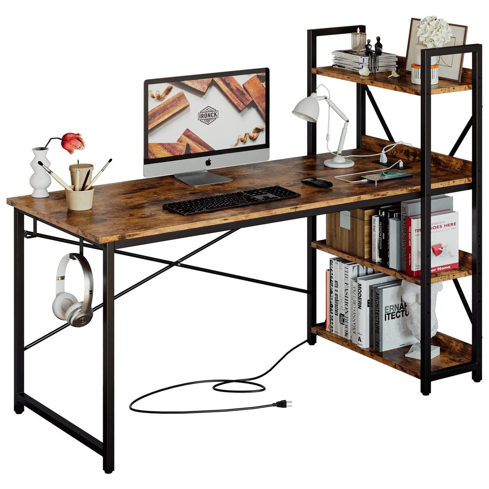 IRONCK 55" Computer Desk w/ Power Outlet & Storage Shelves, Study Writing Table