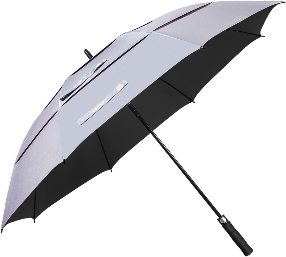 UPF50+ Windproof Umbrella Triple-Layer Vented Canopy Auto Open 62" Silver/Black