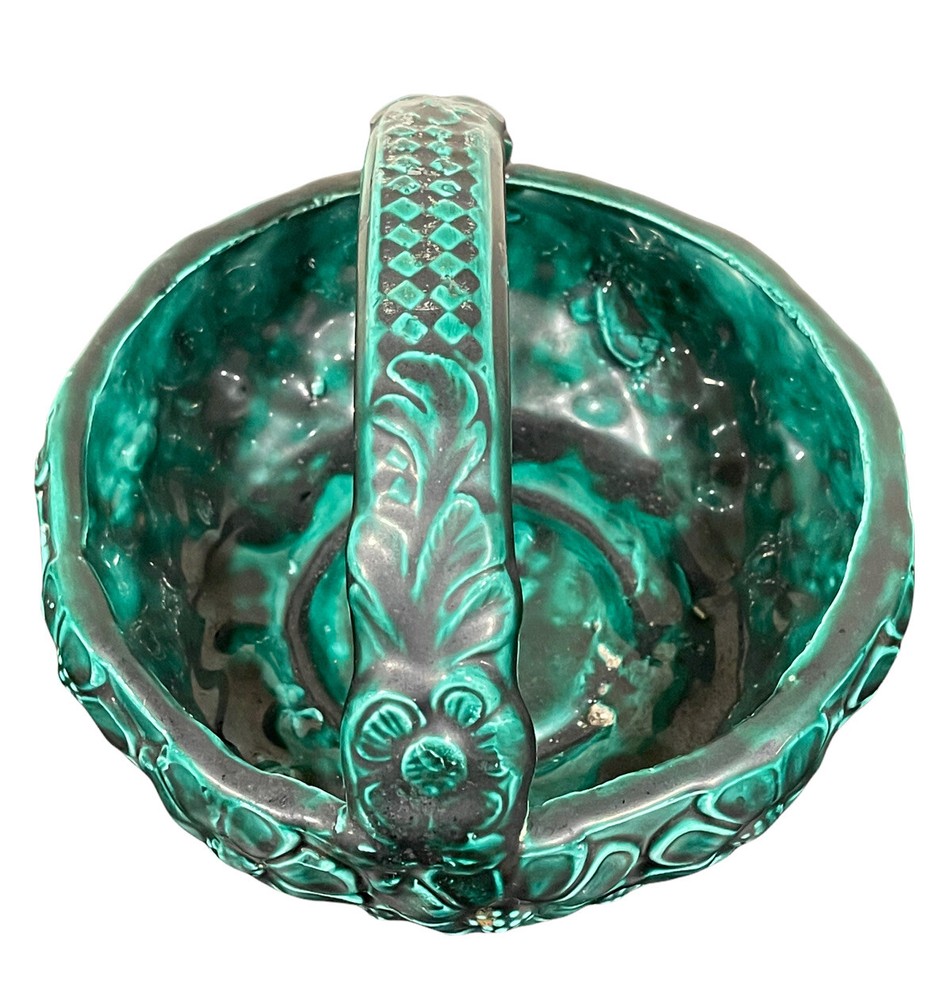 Vintage Signed Handmade Pottery Green Glazed Daisy Pattern Flower Basket Planter