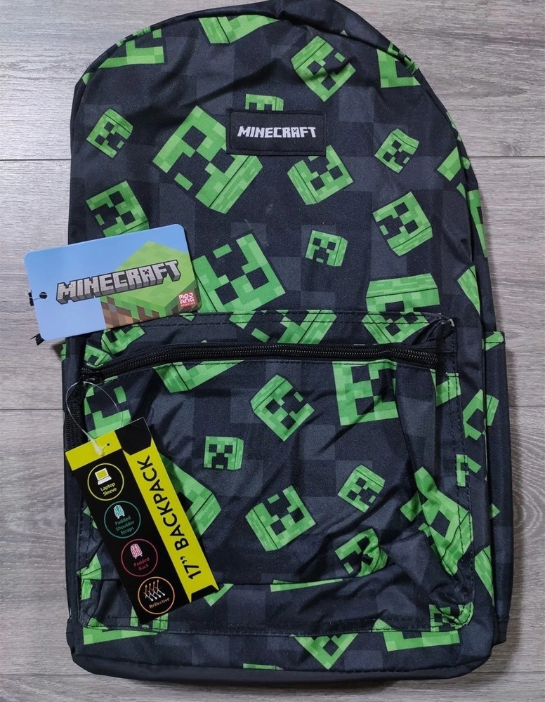 Minecraft Backpack Black Green Creeper 17" New With Tags