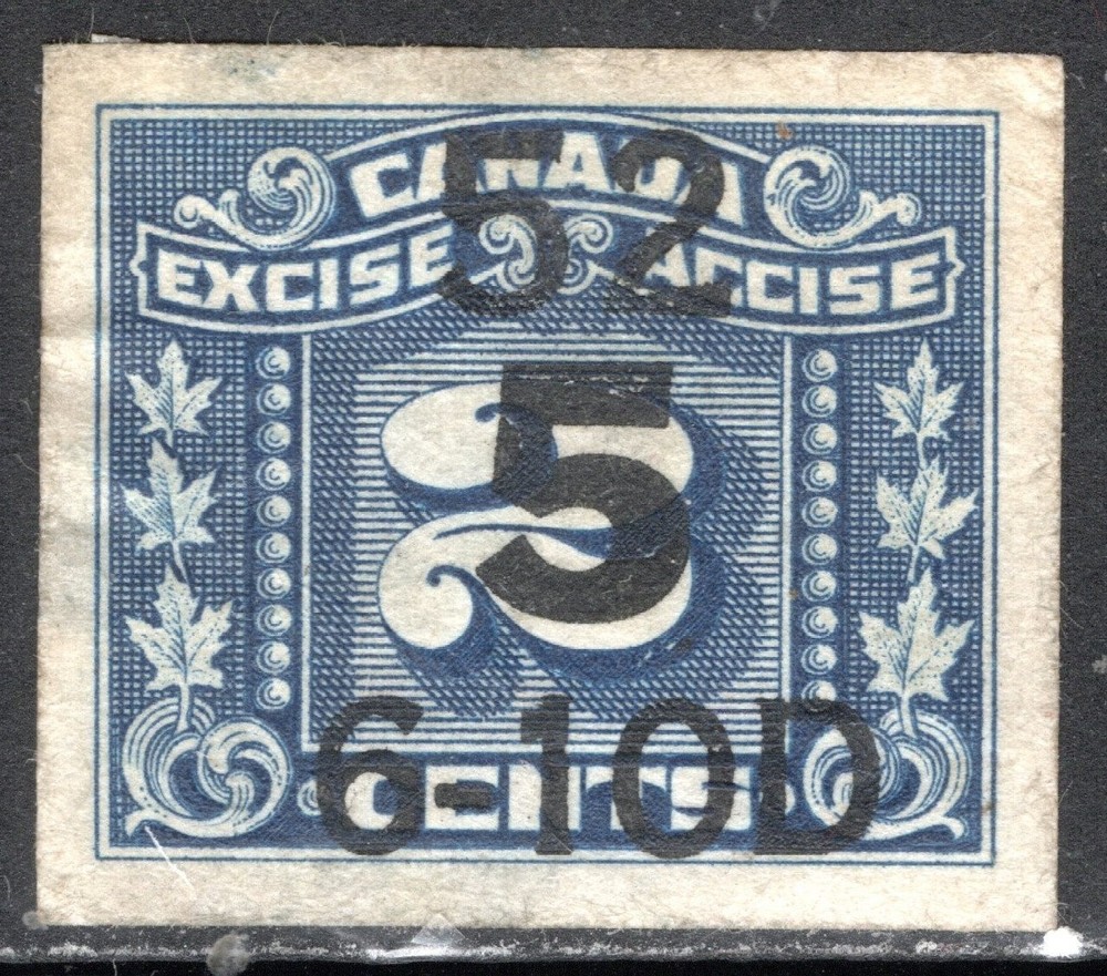 Canada Stamp Van Dam #FX136, 5c on 2c, Excise, Three-Leaf, Imperf, Used CV$40.00