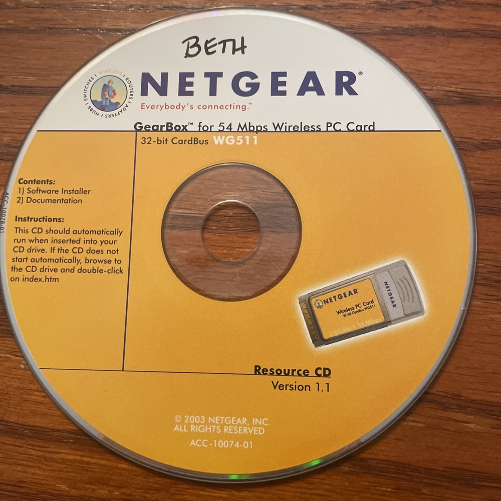 Netgear WG511 54 Mbps 32-bit Wireless PC Card & Version 1.1 CD