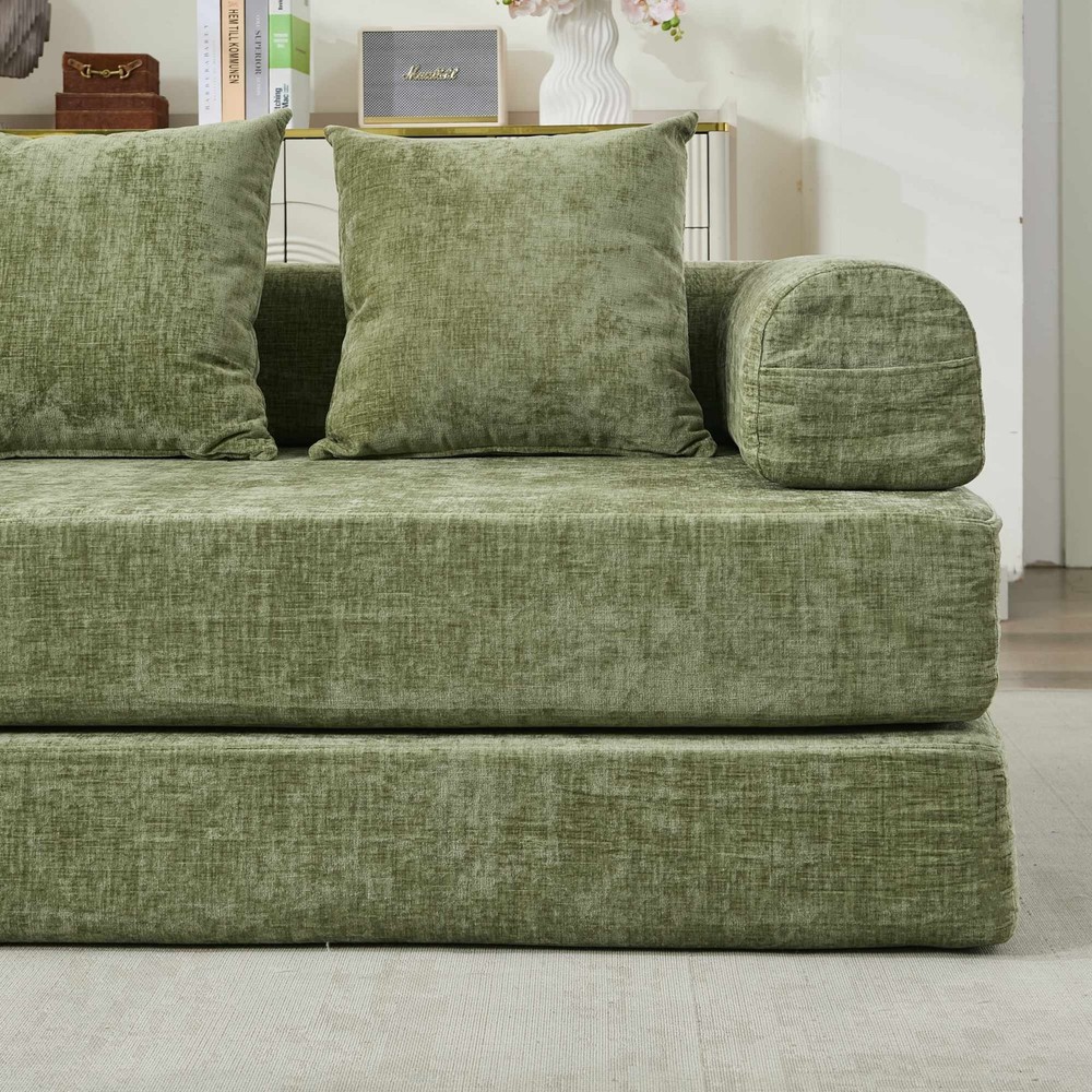Multi-Functional Floor Sofa Convertible Folding Chenille Bed Sofa Couch Green
