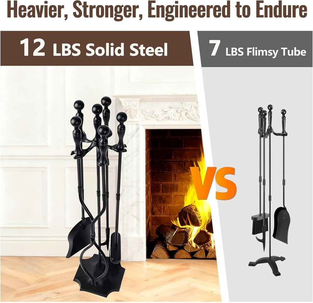 5 Pcs Fireplace Tools Set 31 Inch Indoor Black Handle Wrought Iron Large Fire...