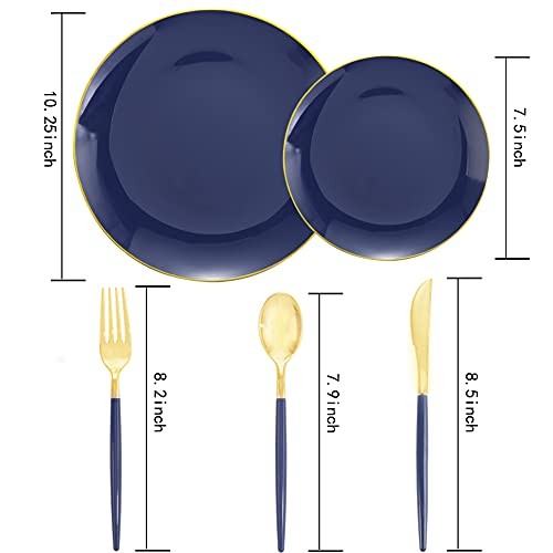 150PCS Plastic Plates - Gold Plastic Silverware with Handle - Round Style Blue