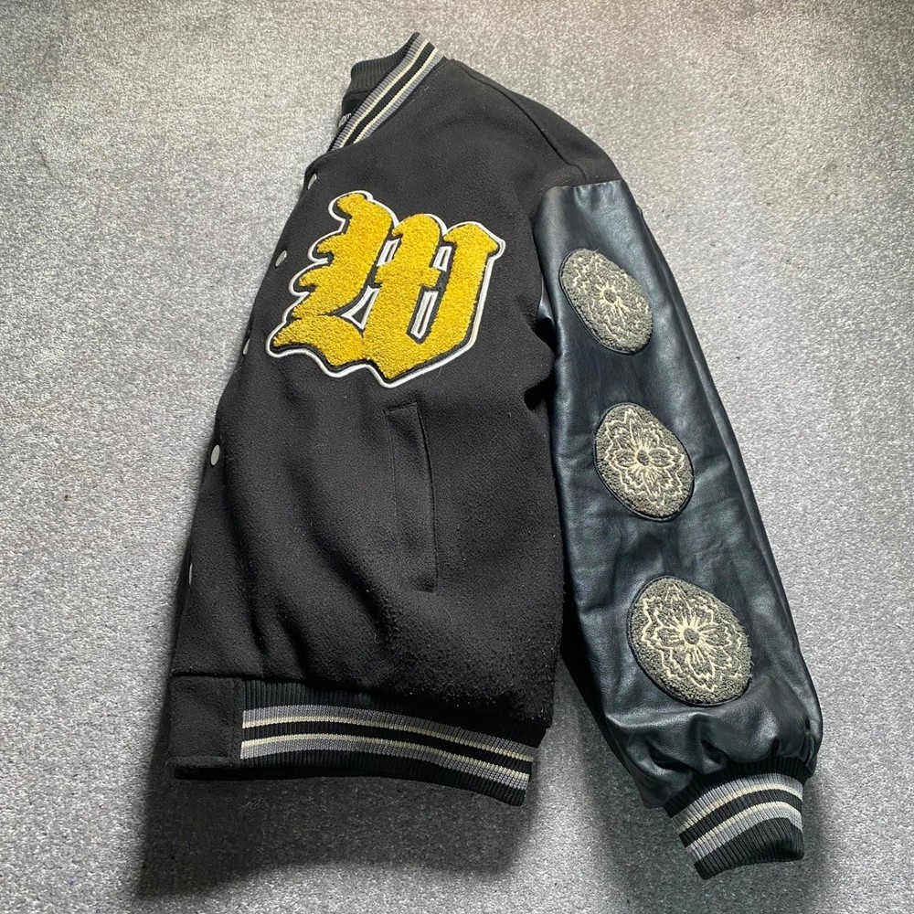 LUYBAIDUN Varsity Jacket Mens L Black Leather Sleeve Chenille Patch Ribbed