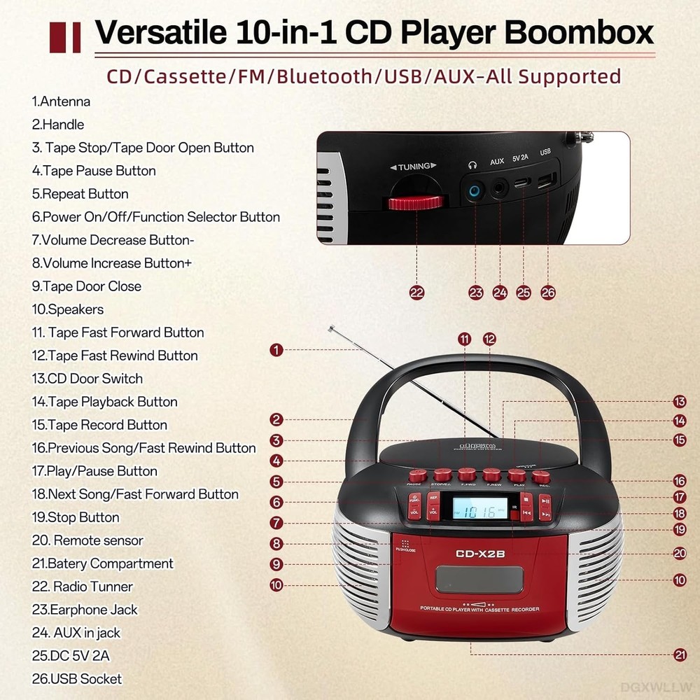Versatile Boombox: CD & Cassette Player with Bluetooth, USB, and Remote Control