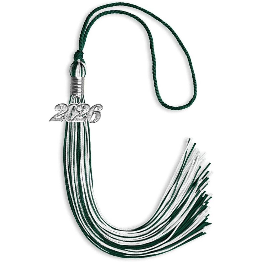 Endea Graduation Hunter Green/White Mixed Color Tassel With Silver Date Drop