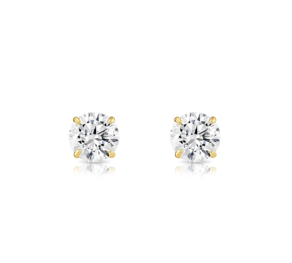14K Solid Yellow/White Gold Round CZ Stud Earrings Basket Setting 2-10mm