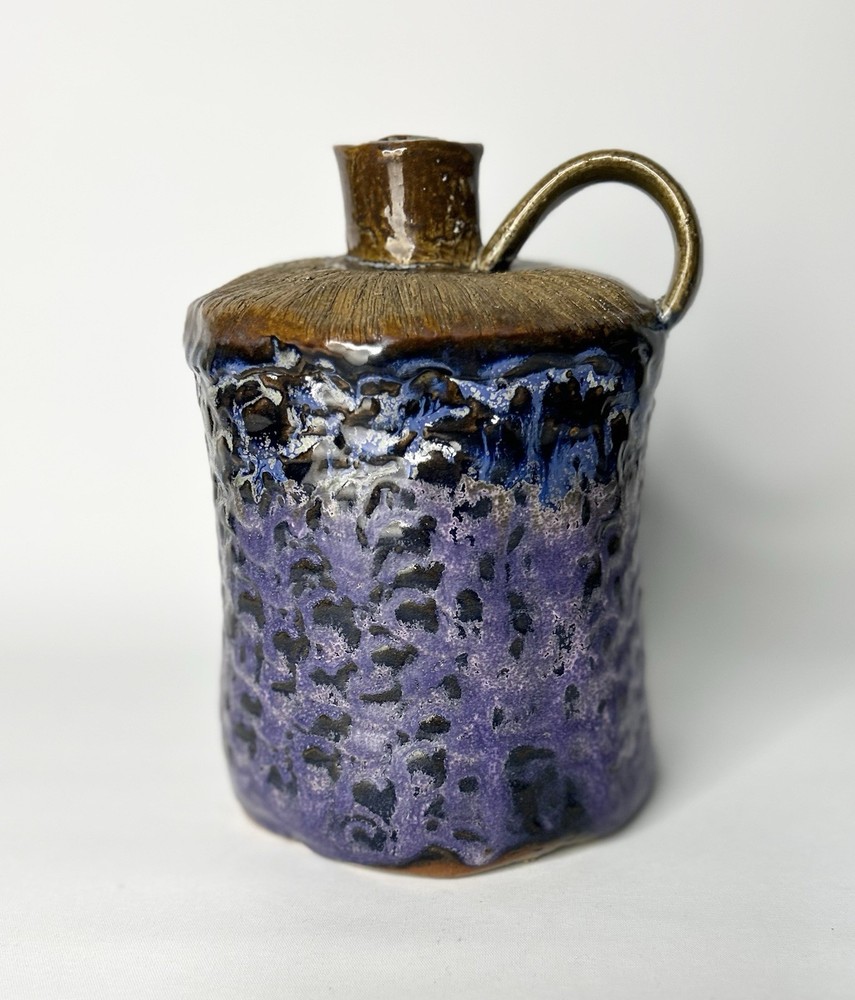 Art Pottery Jug Textured Purple Glazed Handle Primitive Signed Oliver