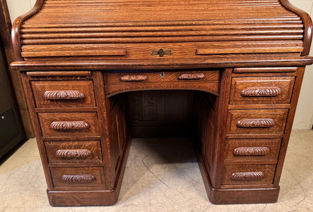 Antique Oak 50" Raised Panel S-Roll Top Desk with Carved Pulls