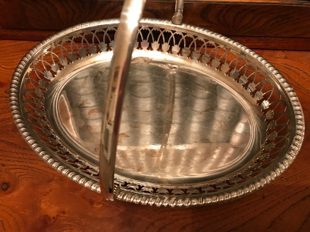 Vintage Silver Plated Pierced Work Oval Footed Dish with Folding Swing Handle