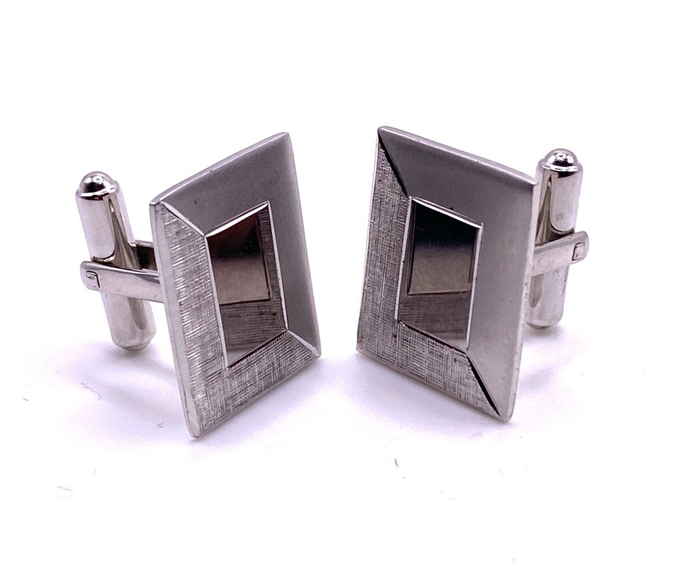 Sterling Silver Cufflinks Rectangular Brush Corner Bullet Back UnEngraved Marked