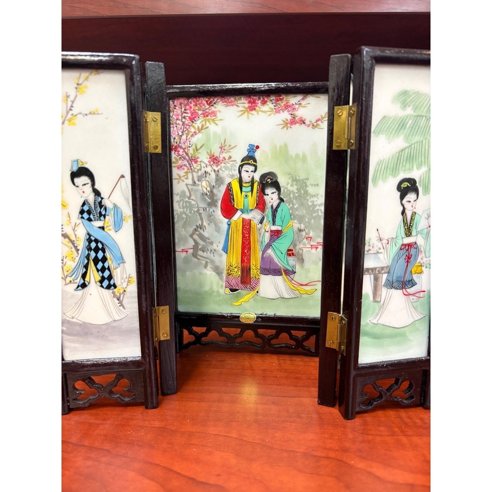 Vintage Chinese Marble Panel Folding Table Screen 5 Panel Wood Frame