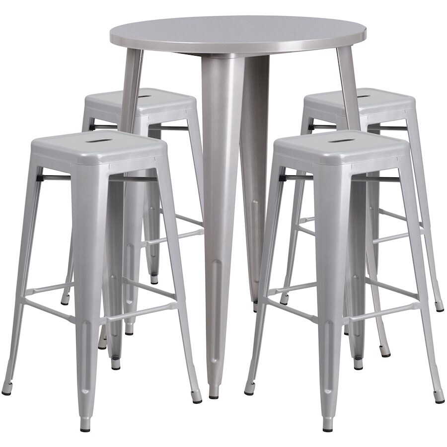 Flash Commercial Grade 30" Round Silver Metal Bar Table Set & 4 Backless Stools