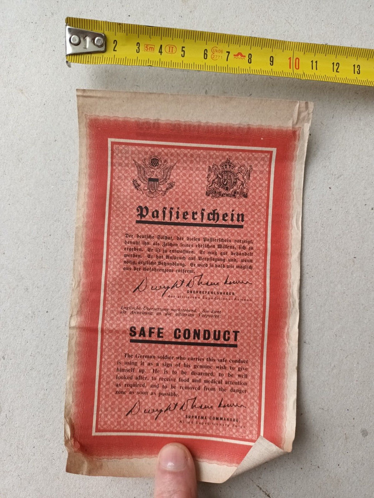 Germany Safe Conduct Surrender Leaflet 1944 WW2 US
