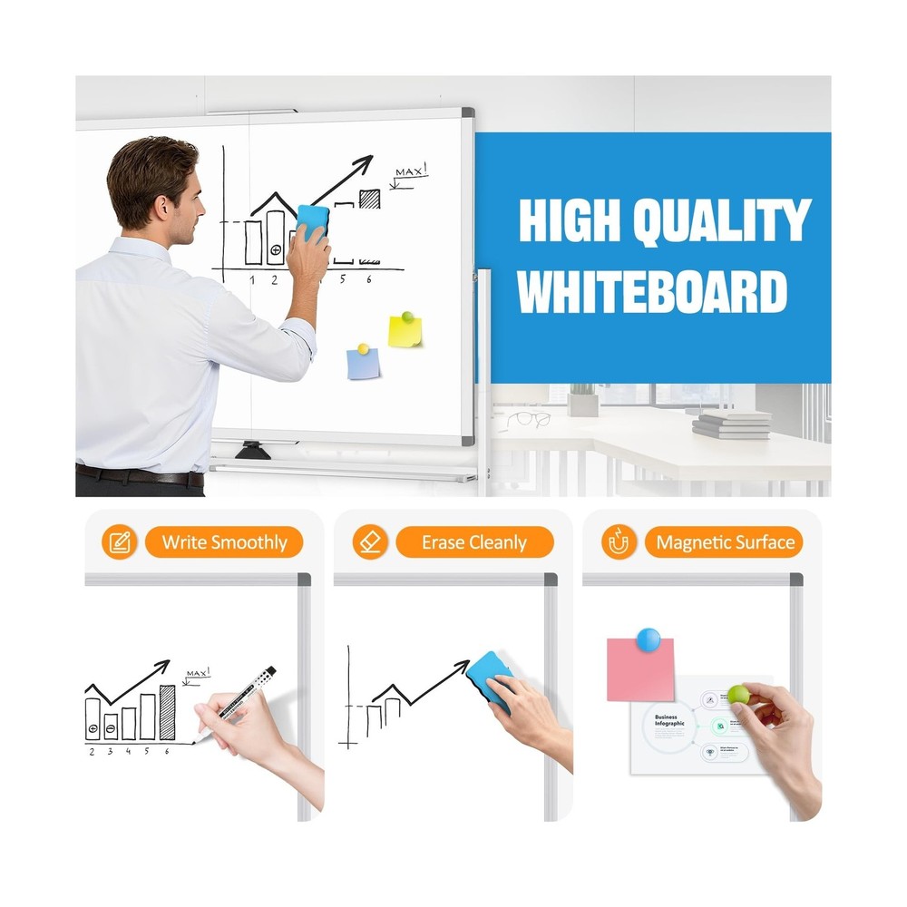 48" X 36" Large Rolling Whiteboard, 360°Rotation Magneitic White Board with