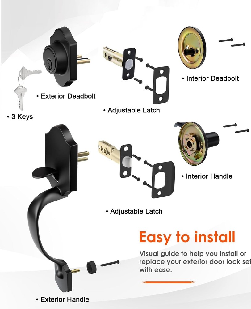 Haidms Matte Black Front Door Handle and Deadbolt Set, Passage,