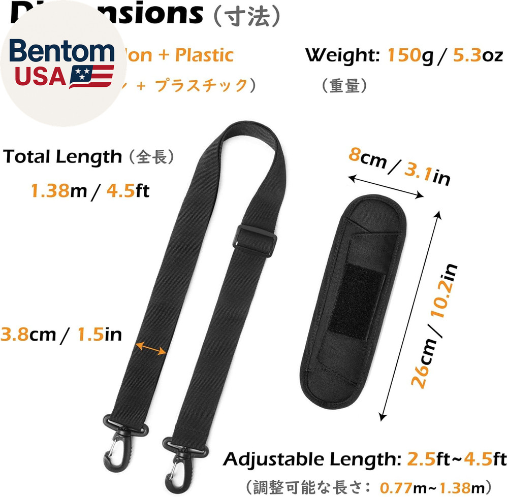 Bag Shoulder Strap Replacement Adjustable Strap with Padded Metal Hooks for Cros