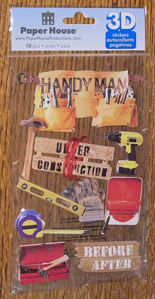 Paper House Handyman Under Construction Before After Tools 3D Scrapbook Stickers