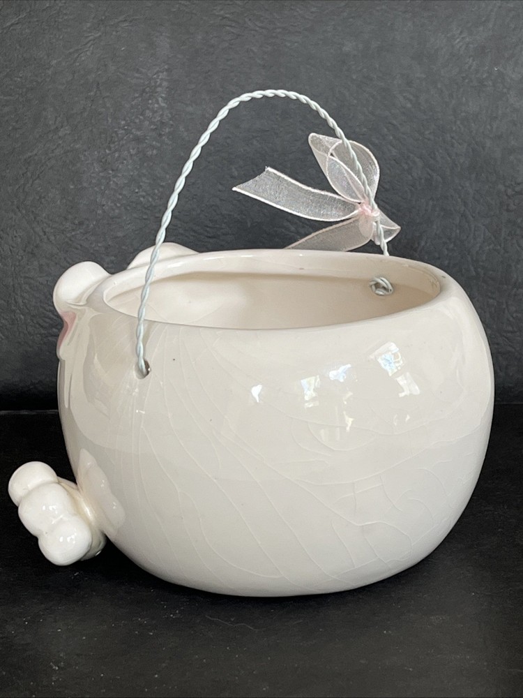 Bunny Rabbit Ceramic Round Candy Dish, Wire Handle, White W/ Pink & Black, Cute!