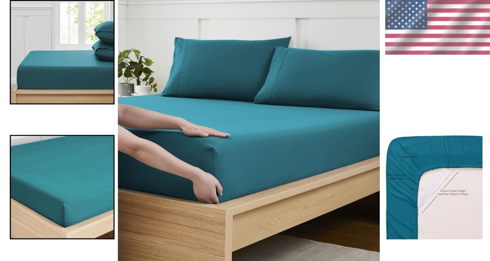 Full Size Fitted Sheet - Soft Breathable Teal Brushed Microfiber, 16 Inch Depth