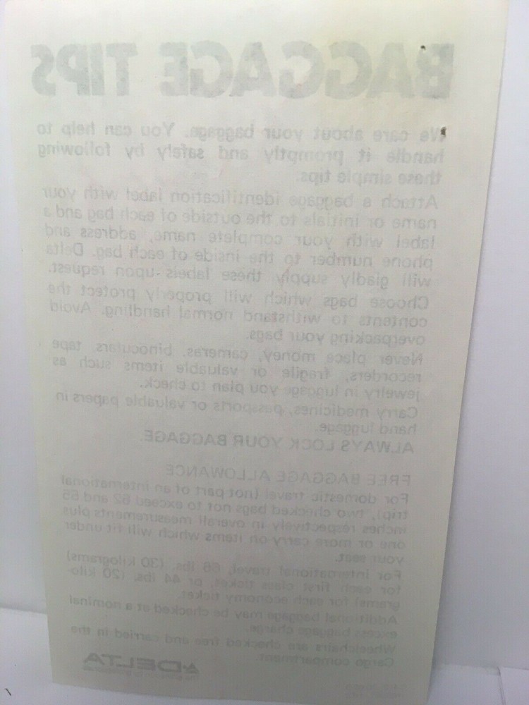 Vtg Delta Airlines Baggage Tips For Passengers Reference Sheet From 1972