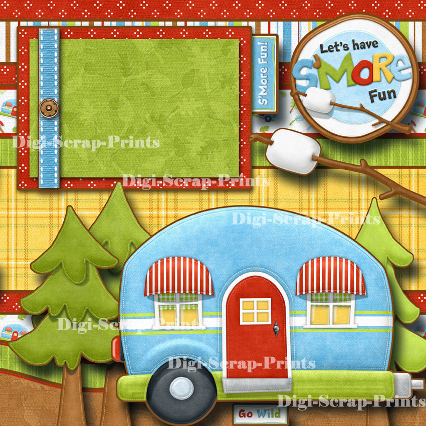 CAMPING camper rv 2 premade scrapbook pages paper piecing layout DIGISCRAP A0131