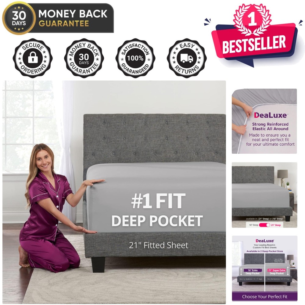 Luxurious Queen Fitted Sheet – Extra Deep Pocket 21" Microfiber – Calm Grey