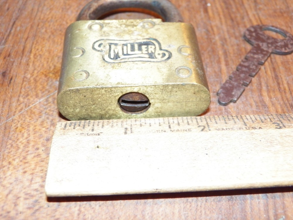 Antique MILLER Brass Padlock w/ Key - Works