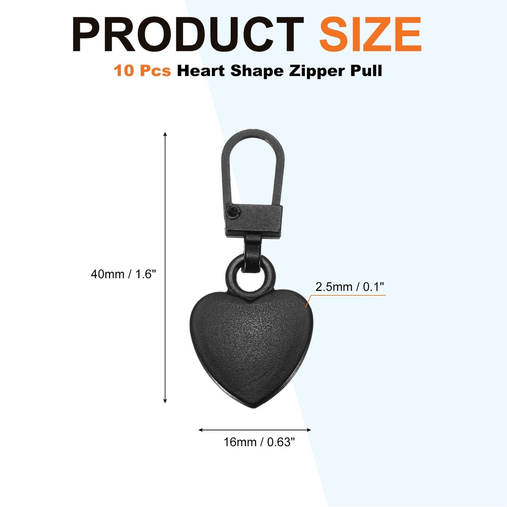 Zipper Pull Charm 10 Pcs Heart Shape Zipper Pull Replacement, Black