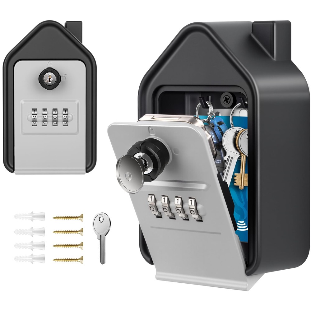 Wall Mounted Lock Box, Large Key Lock Box with Key, 4-Digit Combination Lock,...