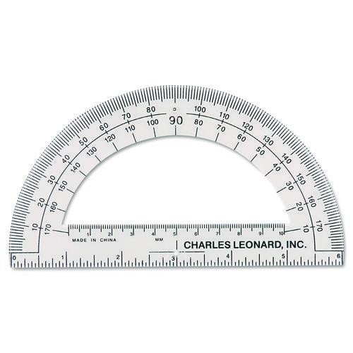 Charles Leonard Open Center Protractor, Plastic, 6" Ruler Edge, Clear, 2/Pack
