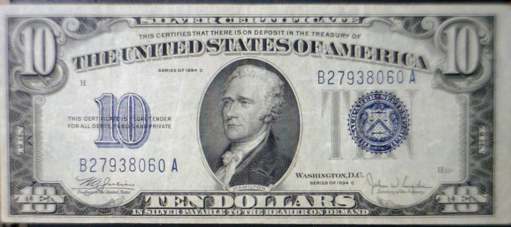 1934c ERROR 3rd Print Shift $10 SILVER CERTIFICATE VF + Note Currency NR