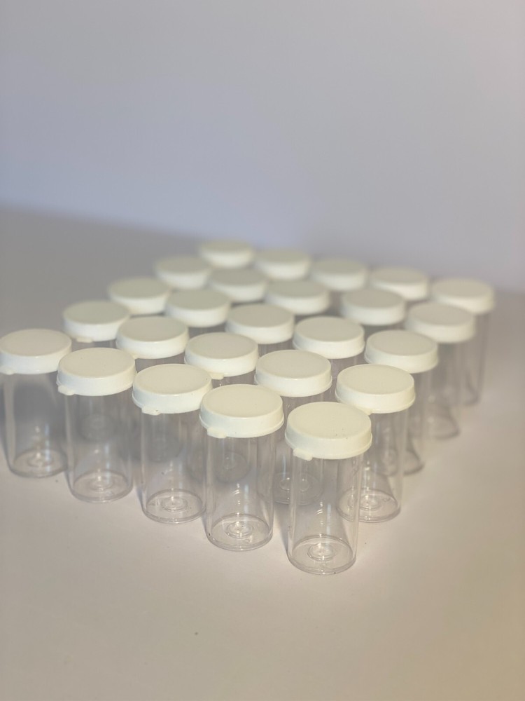 Storage Vials Plastic 25ml with white snap on cap 25 per pack