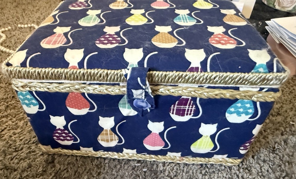Cat Pattern Sewing Basket, Blue Multicolor Fabric Covered, Red Interior