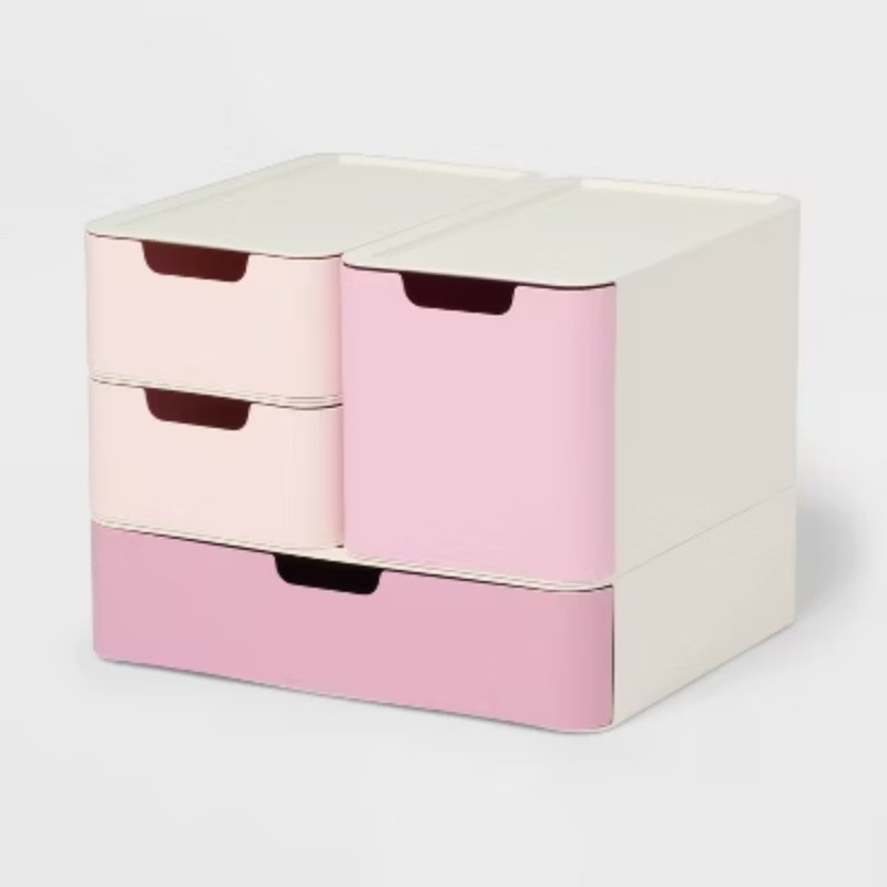 Modular Storage Drawer Set Pink-Features 4 stackable drawers in3 different sizes