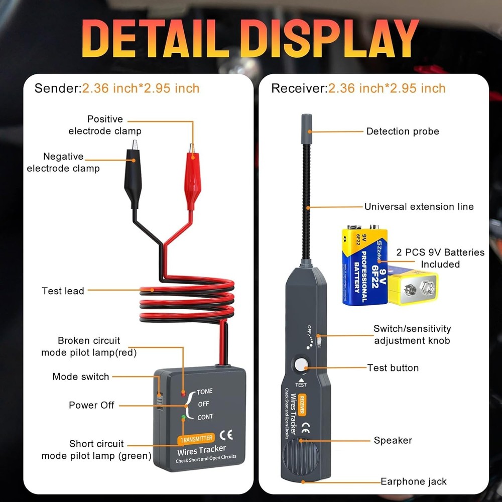 Professional Wire Tester & Short Finder - Includes Batteries for DC Circuits