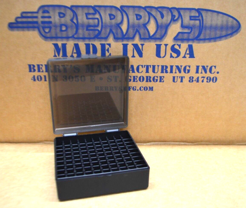 4 x 38 / 357 BERRY AMMO BOXES 100 RD PLASTIC HOLDER (SMOKE / BLACK)