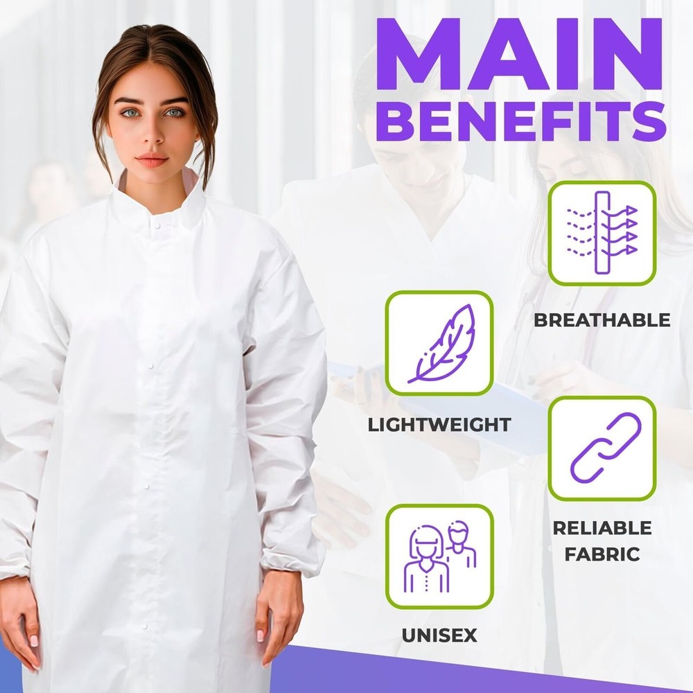 White Disposable Lab Coats, Medium, Pack of 30, Adjustable Collar
