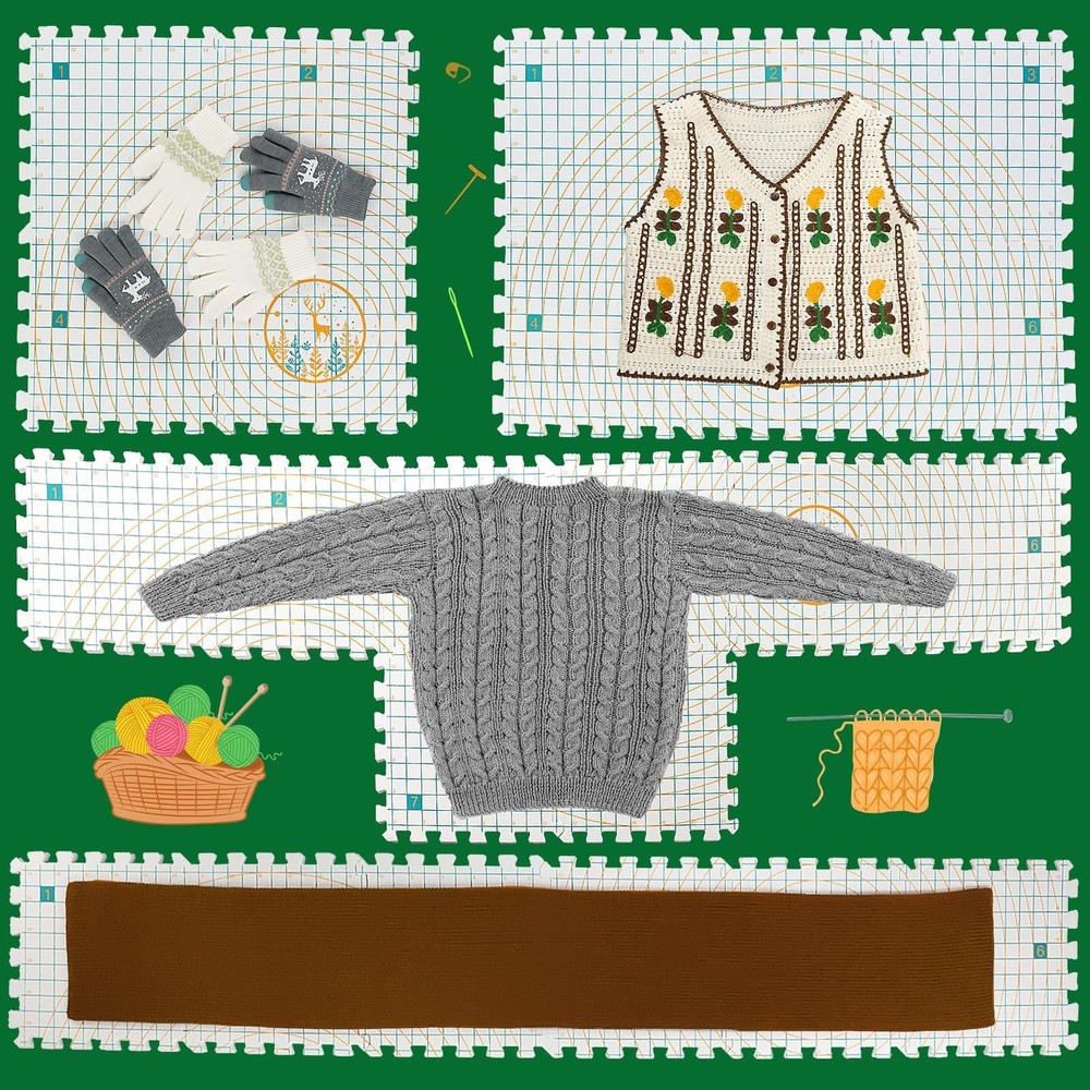 9 Pcs Blocking Mats for Knitting, Extra Thick Blocking Boards with Grids, wit...