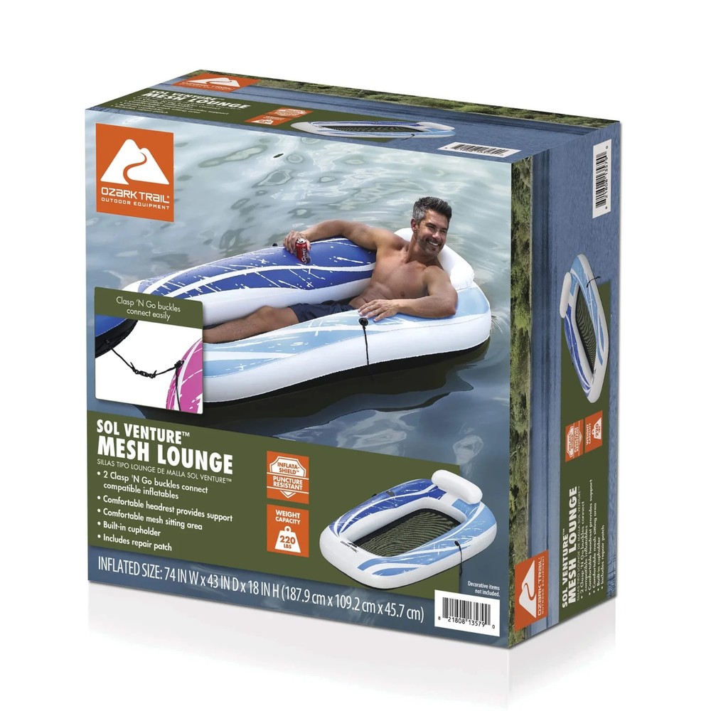 Ozark Trail Sol Venture Blue Mesh Pool and River Single Lounge Float 74"