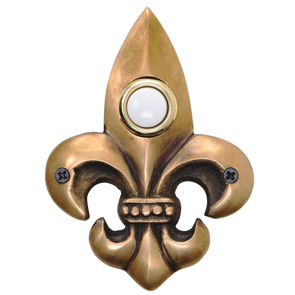 Surface Mount Doorbell Small Fleur De Lis Antique Brass Lighted Button Ringer