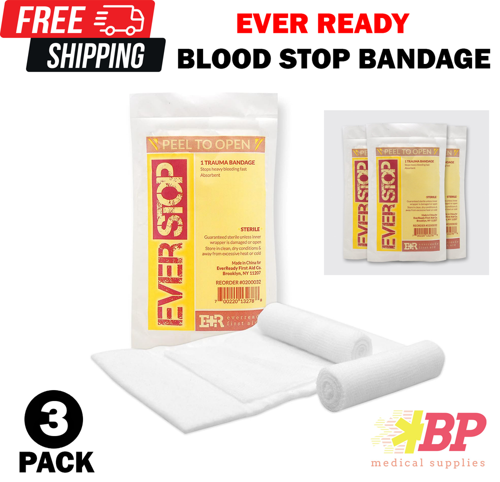 EverStop Blood Stopper 4" Compress Wound Trauma Dressing Bandage - 3 Pack