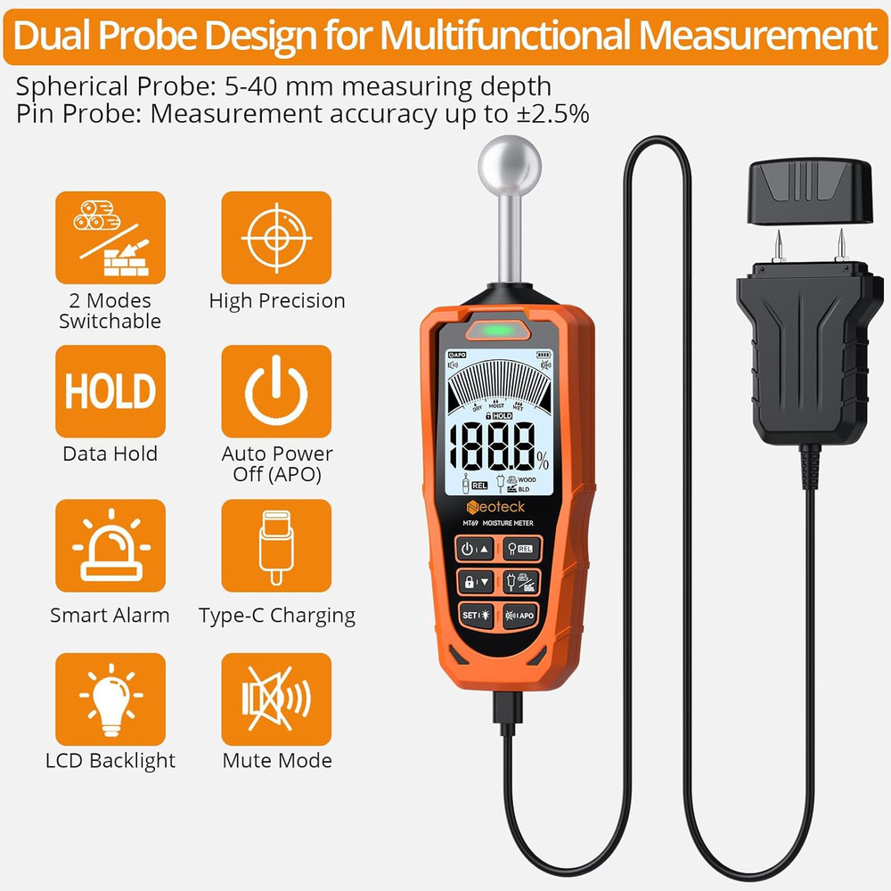 2-In-1 Dual Probe Moisture Meter 40Mm Spherical Moisture Reader & ±2.5% Accuracy