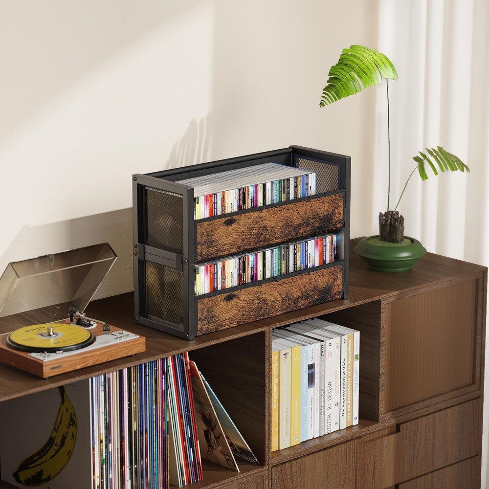 2-Tier CD Holder W/ Fabric Wood Grain Texture Stackable CD Storage Case & Box