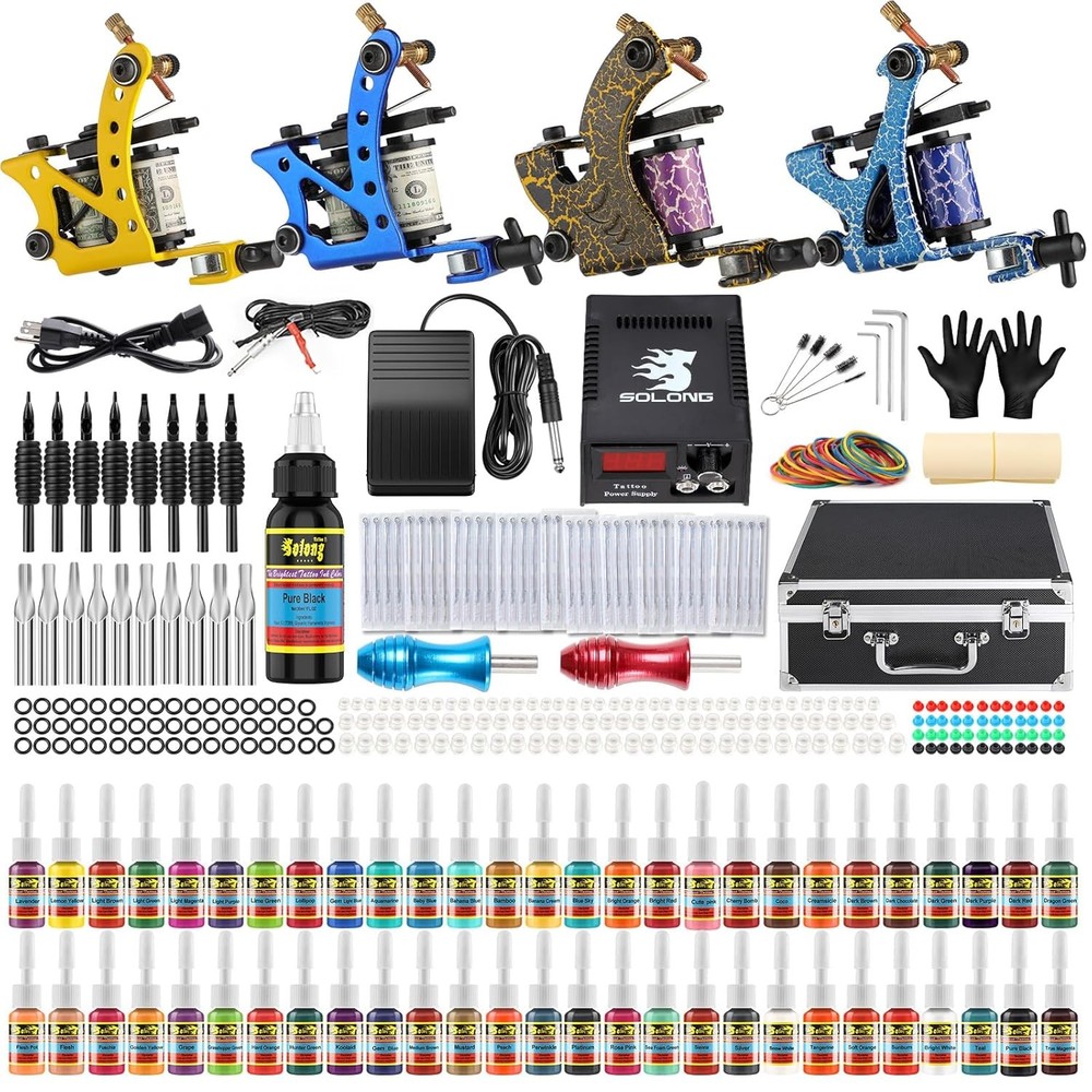 Complete tattoo kit with machines inks power supply case