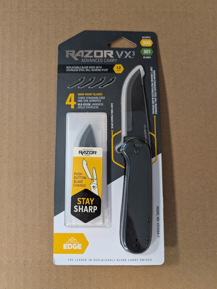 Outdoor Edge VX330A Razor VX3 EDC 3" Folding Drop Point Black Replaceable Blades