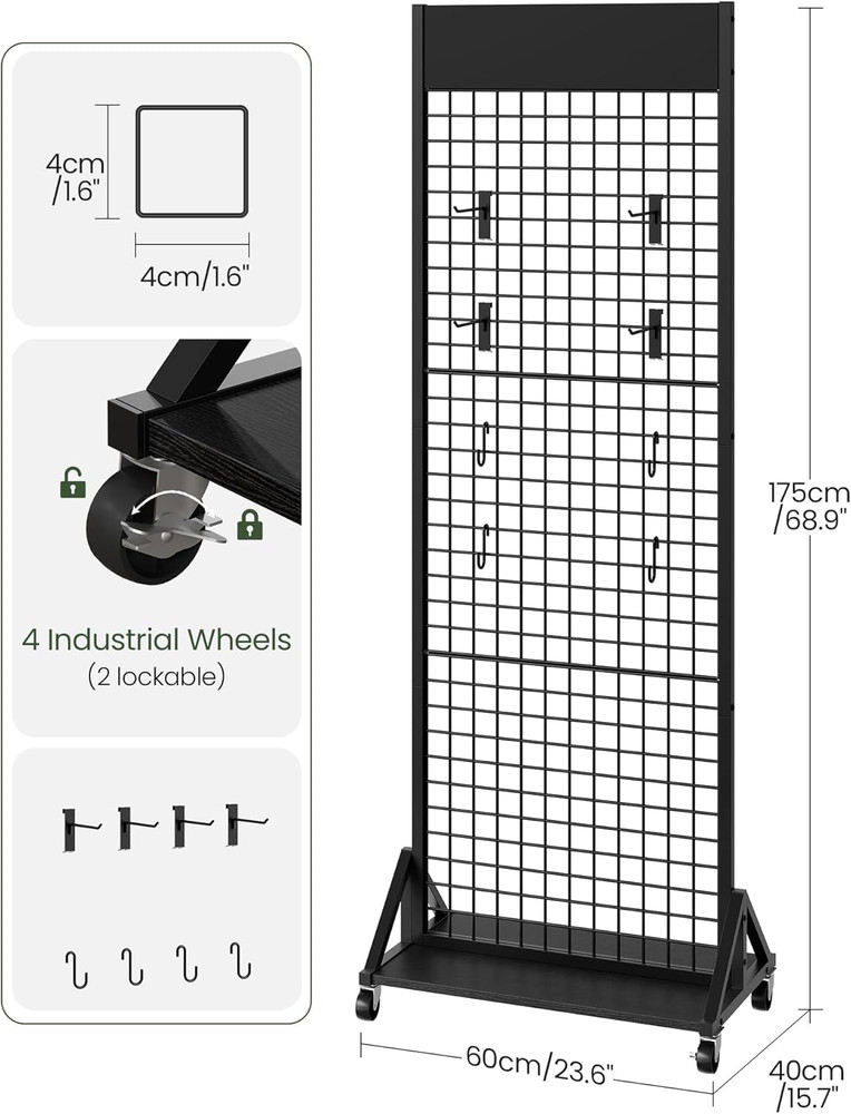 Floor Standing Grid Wall Display Rack with Hooks - Black 2' x 5.7