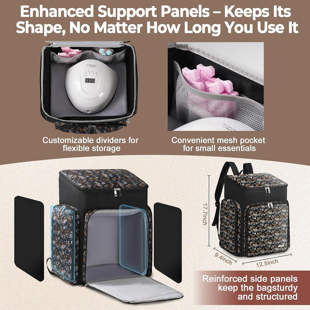 Floral Pattern Nail Polish Storage Backpack, Large Capacity Organizer Case with